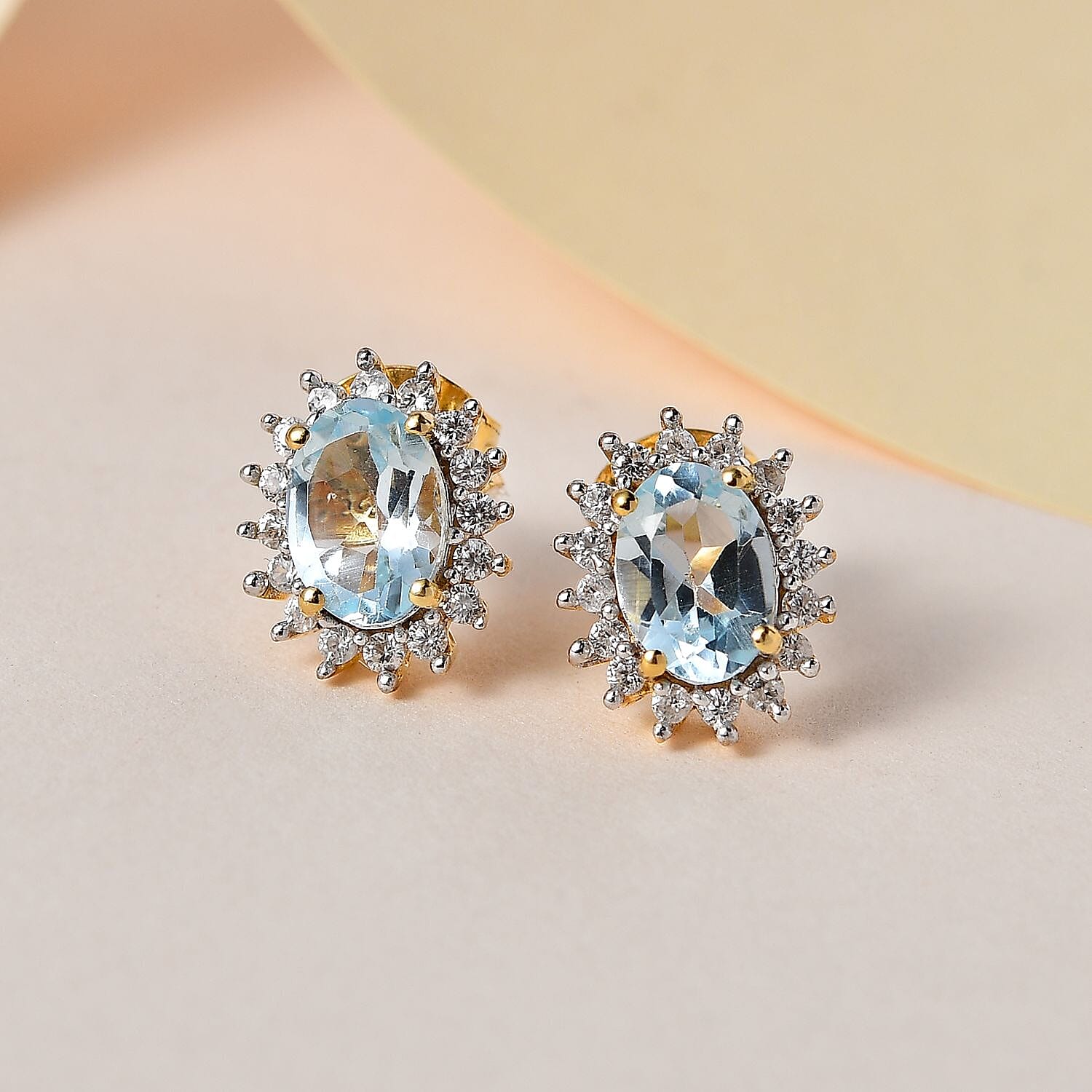 Skyblue Topaz & Natural Zircon Stud Earrings in 18K Yellow Gold Vermeil Plated Sterling Silver 4.10 Ct.